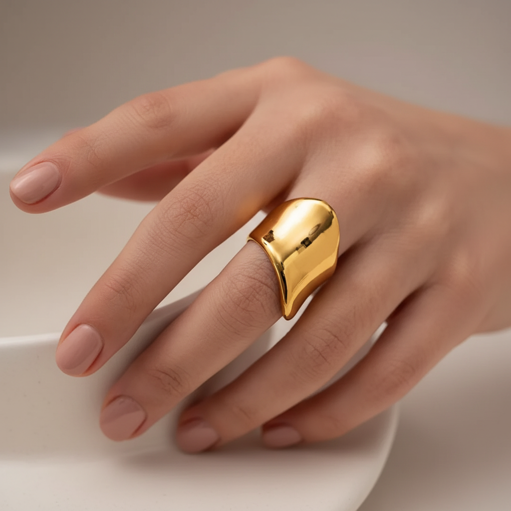 Bague large dorée portée