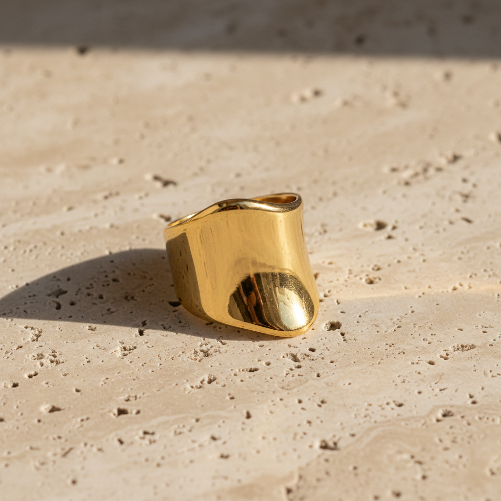 Bague large dorée sur pierre