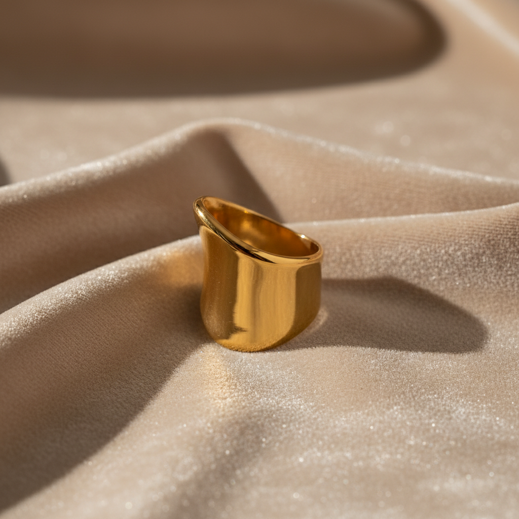 Bague large dorée sur velours
