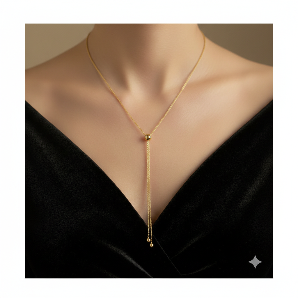 Collier lariat porté top noir format carré