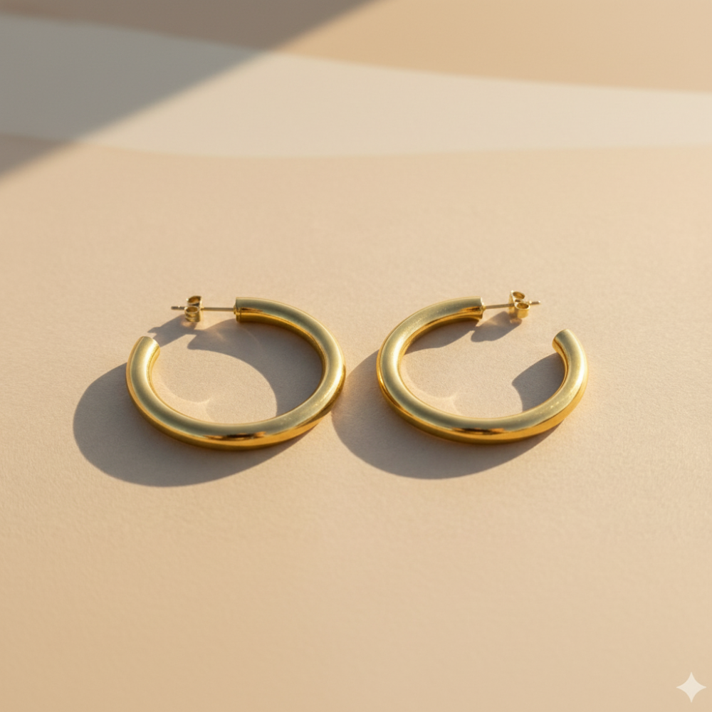 Deux créoles dorées sur fond beige nuancé