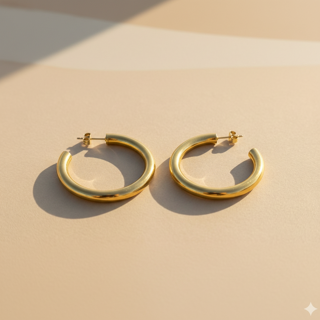 Deux créoles dorées sur fond beige nuancé