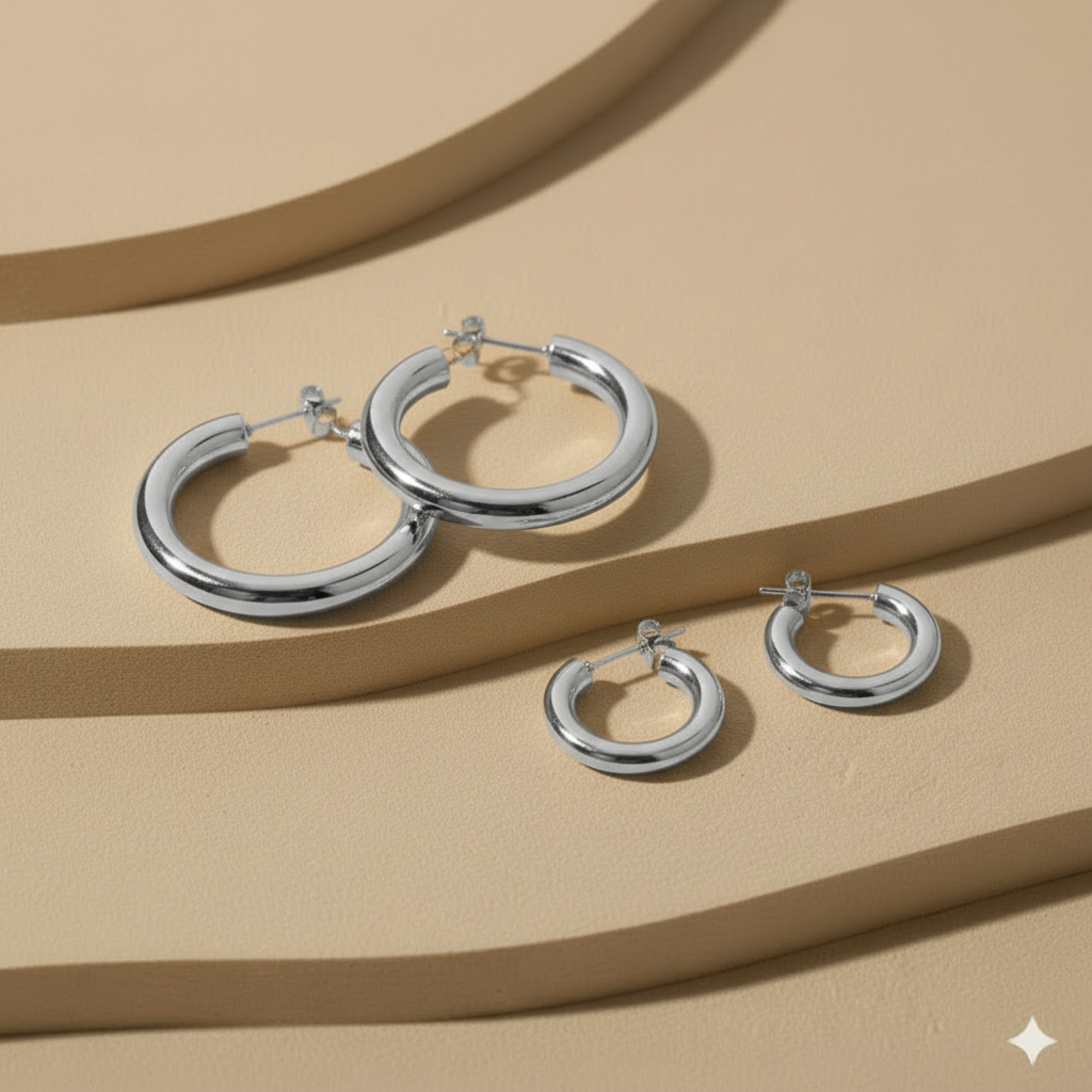 Quatre créoles argentées sur fond beige nuancé