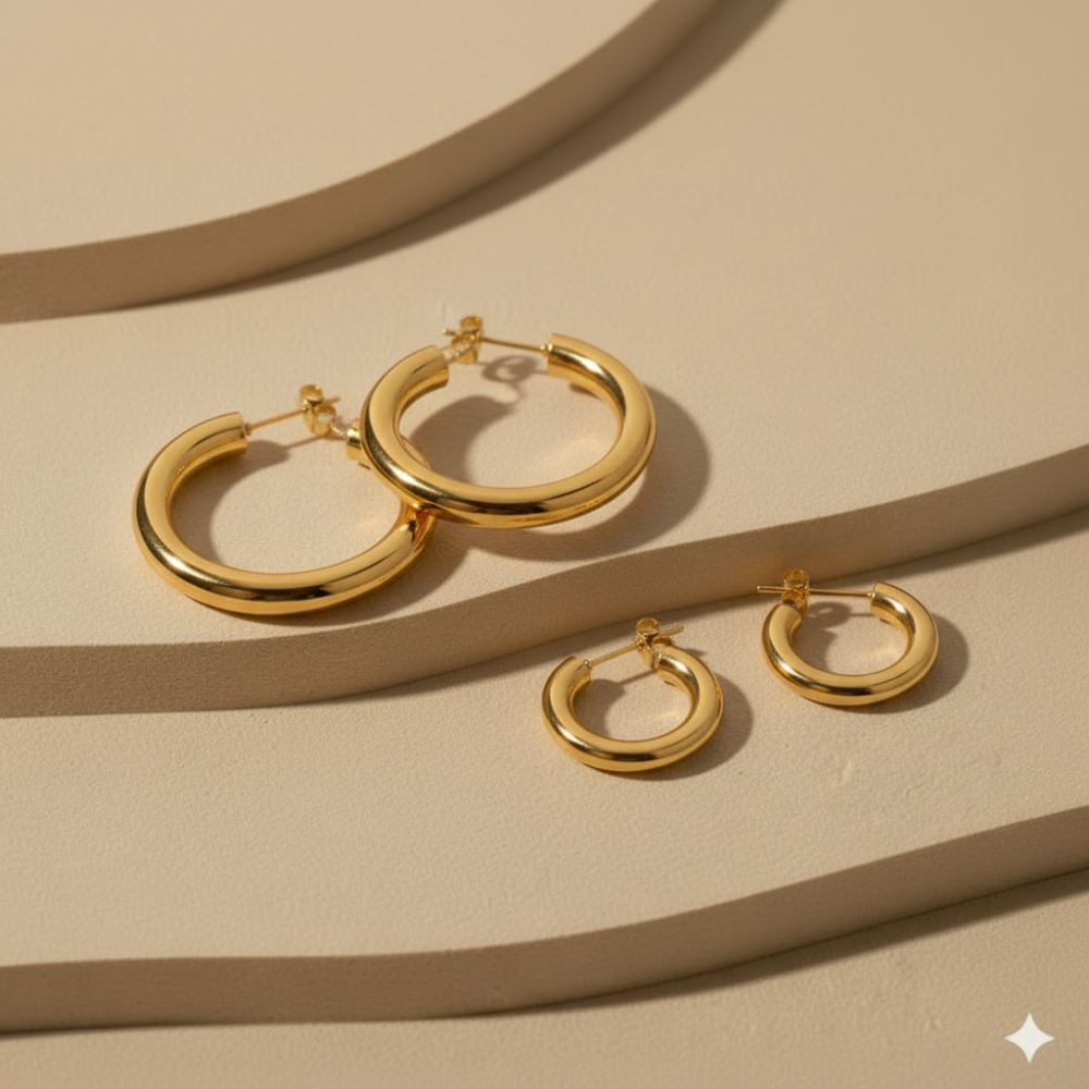 Quatre créoles dorées sur fond beige nuancé