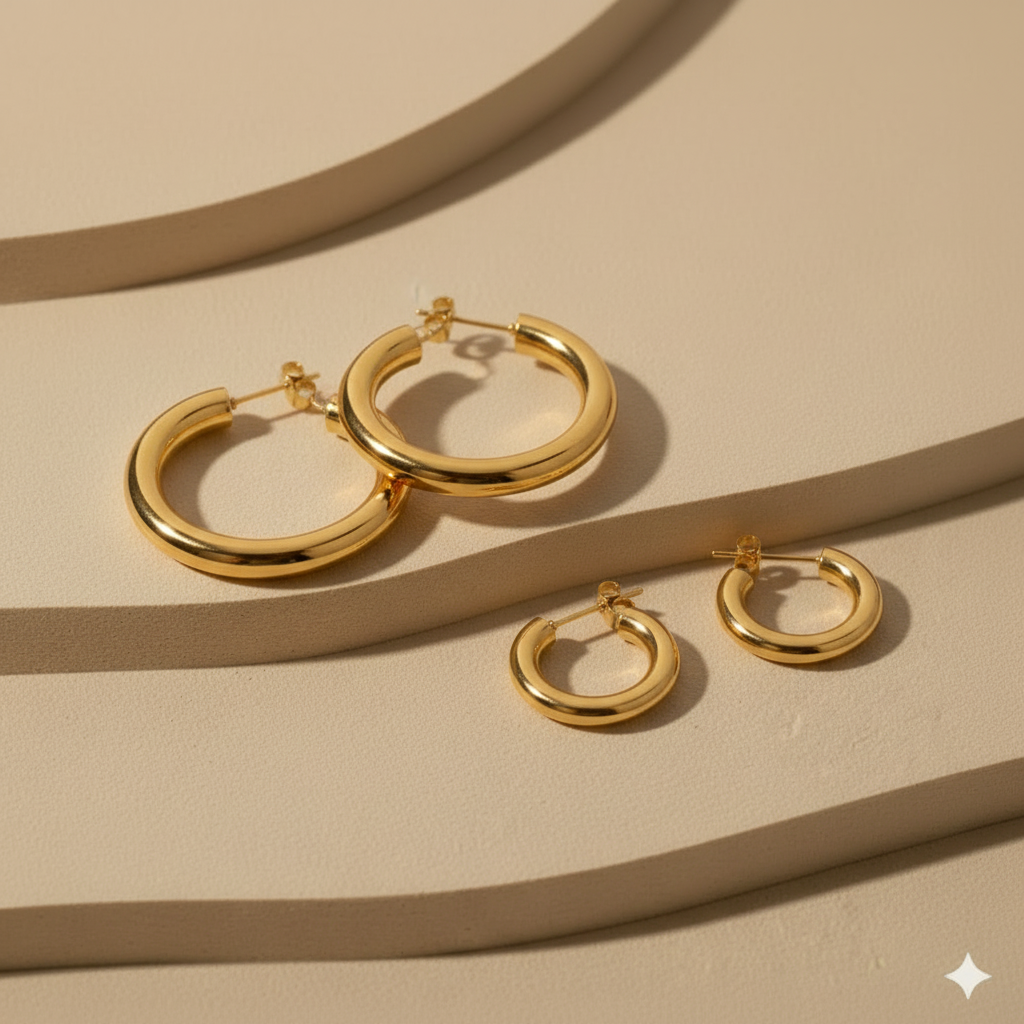 Quatre créoles dorées sur fond beige nuancé